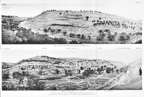Plate III. The Valley of Hinnom and the South-West Hill / Plate IV. The Hills and Valleys of Jerusalem from the South-east - facing p.33